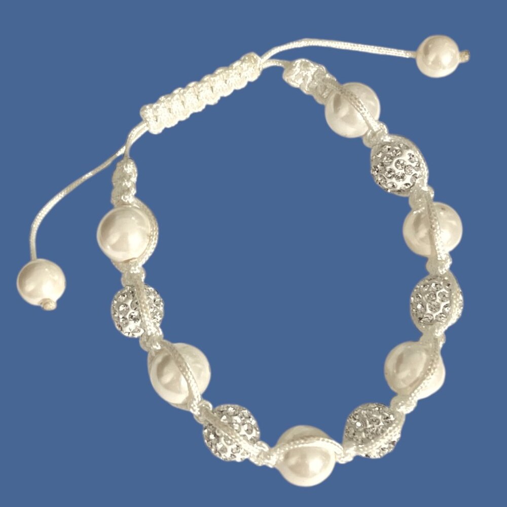 Macrame Beaded Shamballa Bracelet White Cream Rhinestone Disco Ball Unisex